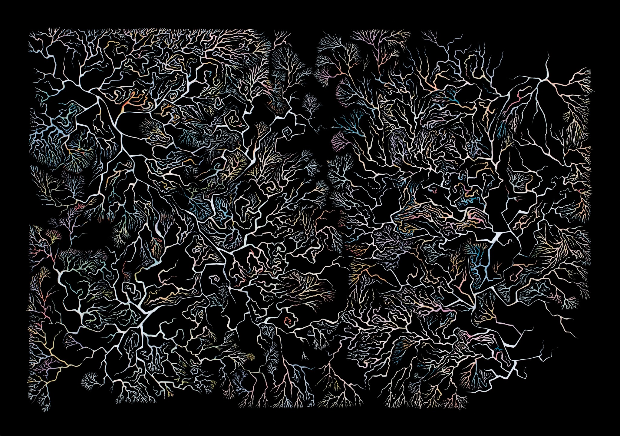 In Two Minds, a detailed branching gouache painting by Rebecca Cox