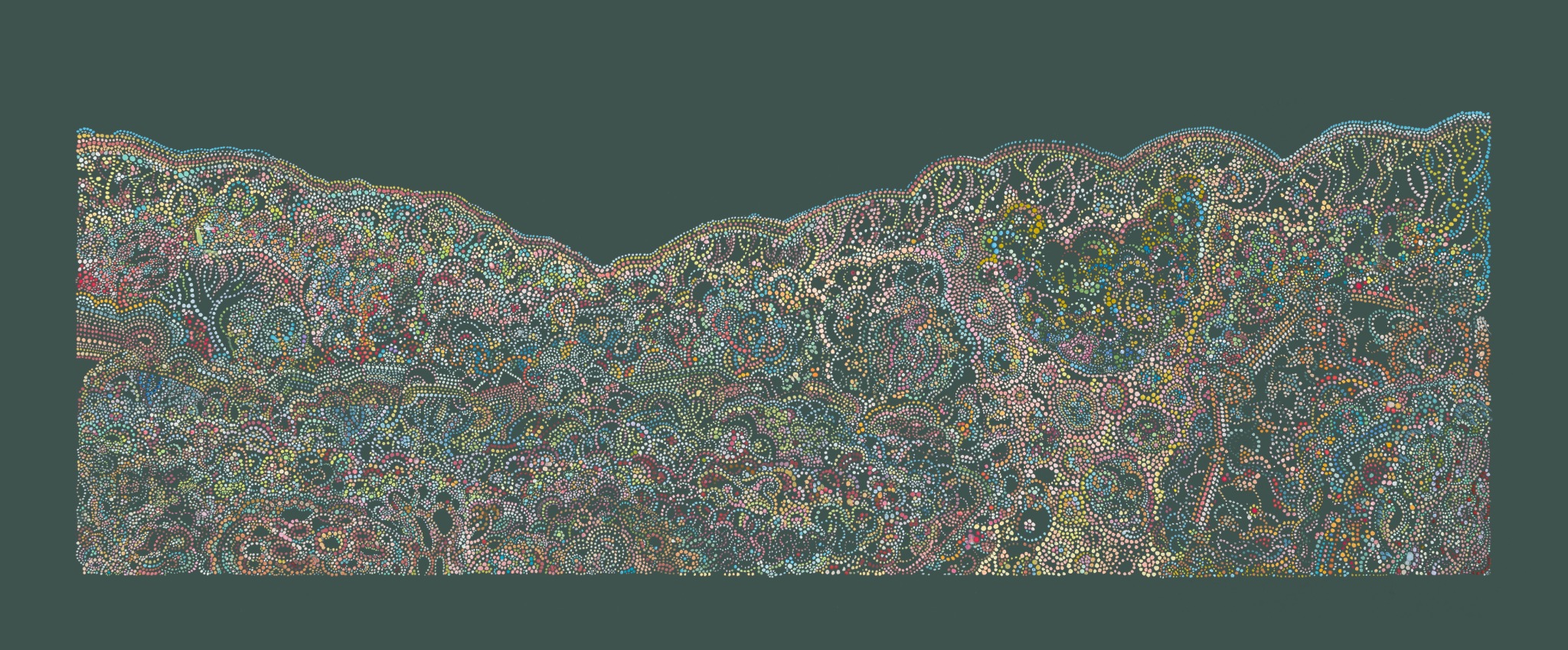 Land Alive, a wide dotted landscape artwork by Rebecca Cox