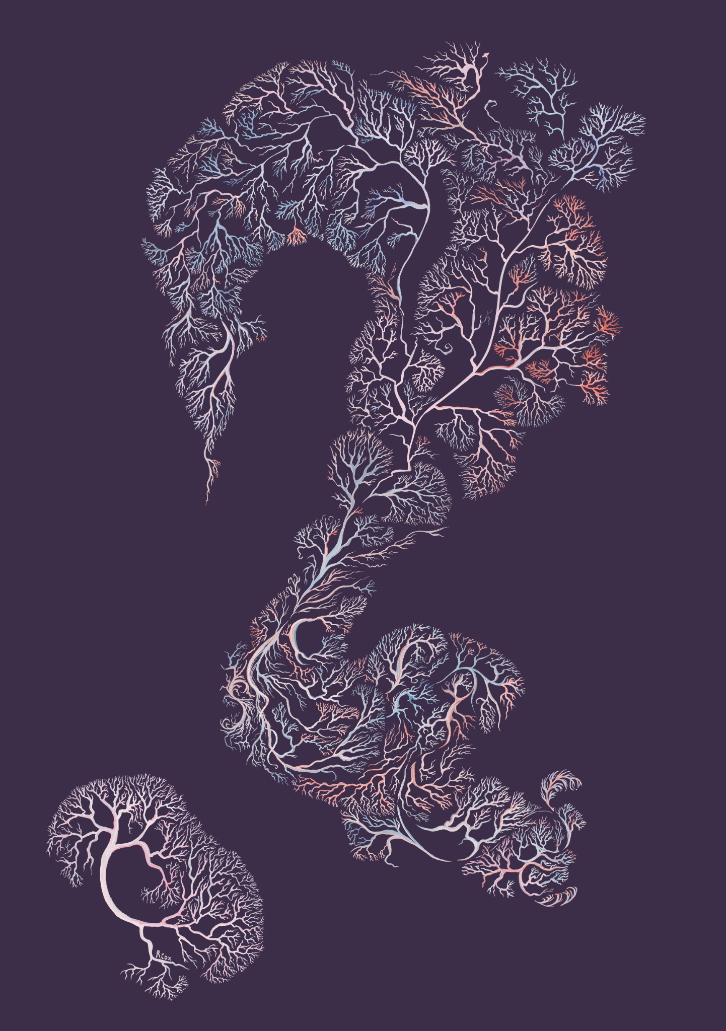 Split Decision, a branching abstract gouache painting by Rebecca Cox
