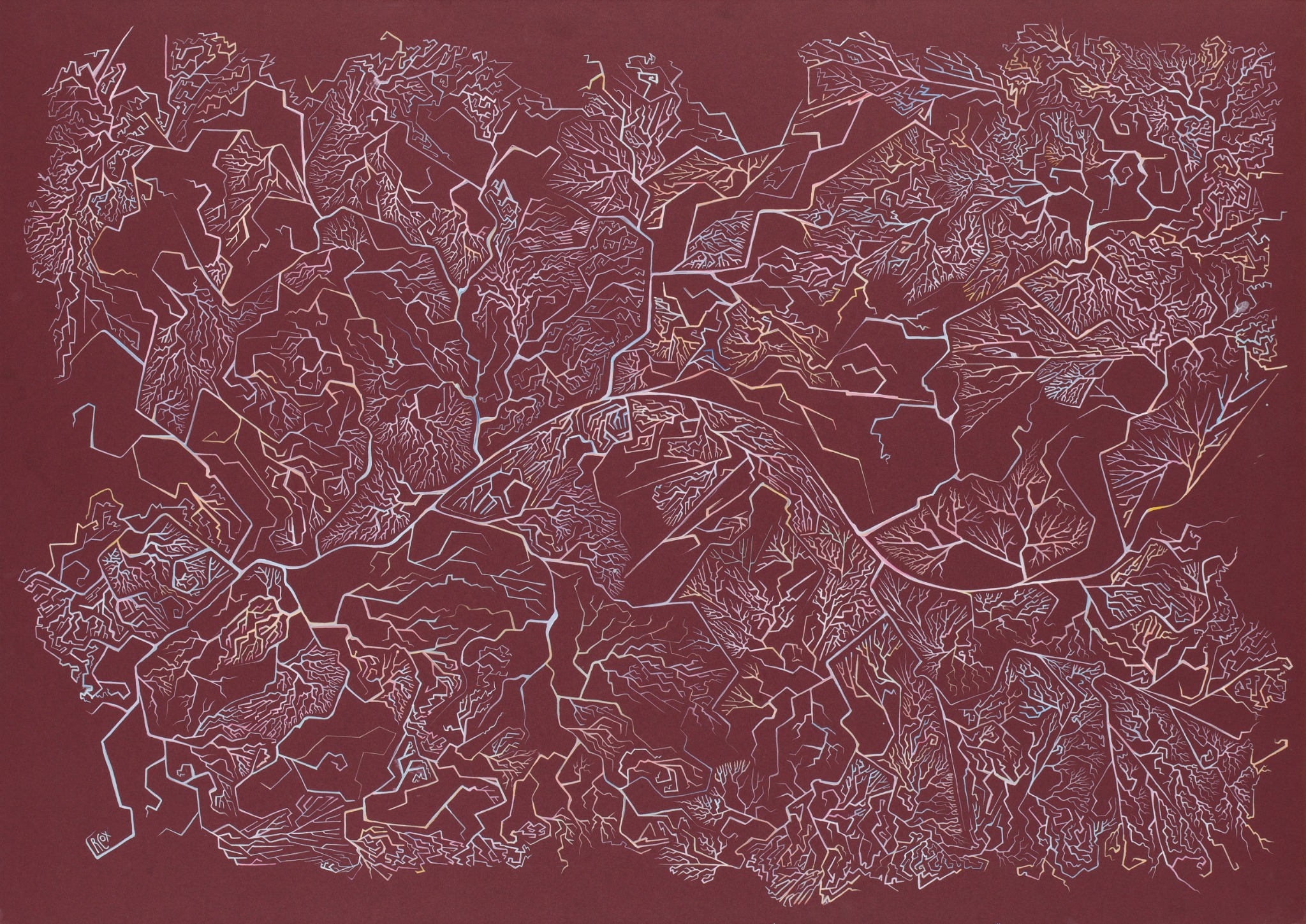Untitled, a red branching abstract gouache painting by Rebecca Cox